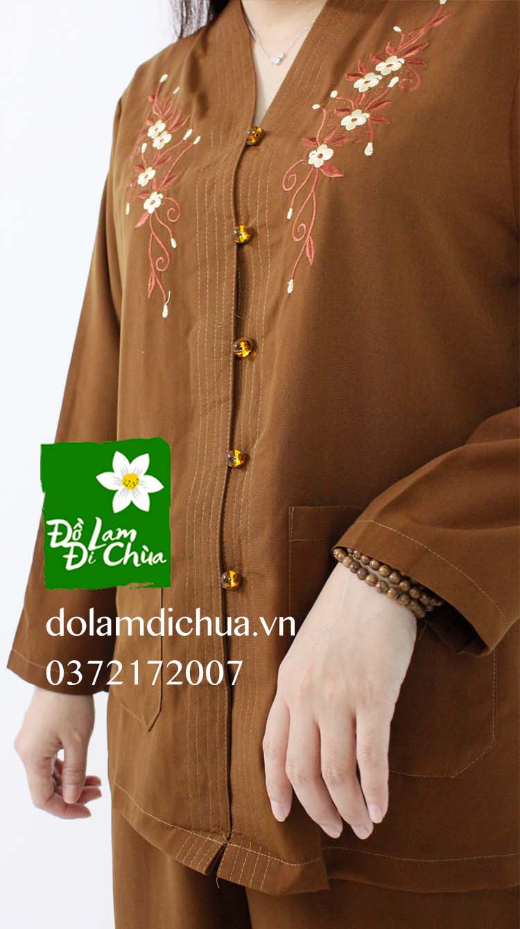 Đồ Lam Đi Chùa Tim Viền Silk Thêu Hoa Màu Cà Phê