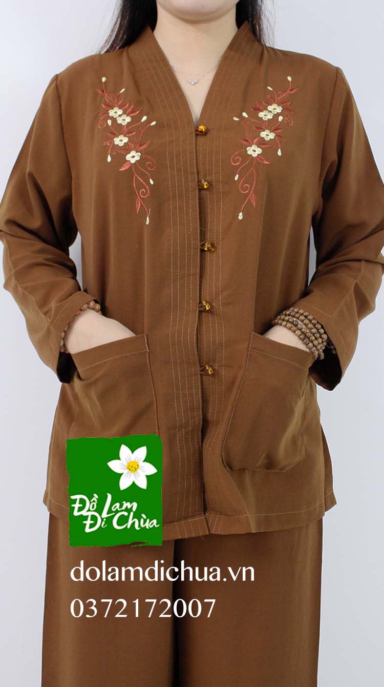 Đồ Lam Đi Chùa Tim Viền Silk Thêu Hoa Màu Cà Phê