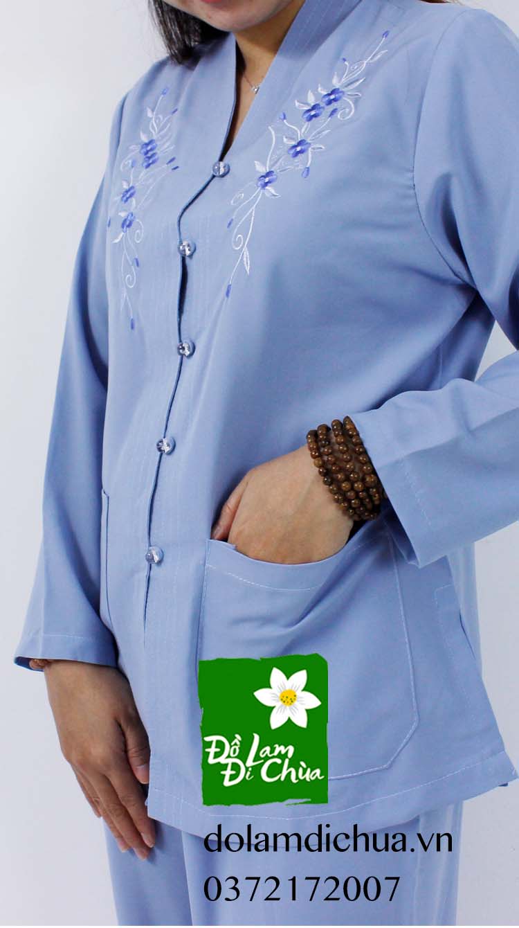Đồ Lam Đi Chùa Tim Viền Silk Thêu Hoa Màu Lam