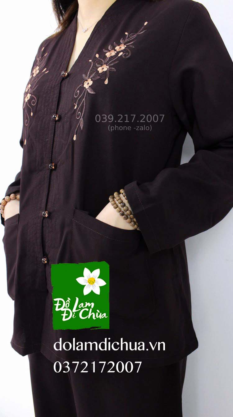 Đồ Lam Đi Chùa Tim Viền Silk Thêu Hoa Màu Nâu