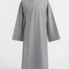 Long grey wrap robe on a dress form, with a crossed front and waist tie.