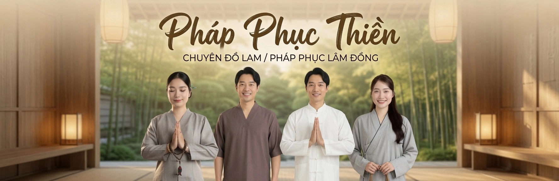 Four people in traditional robes stand with palms together in a wooden temple, bamboo backdrop and banner text.