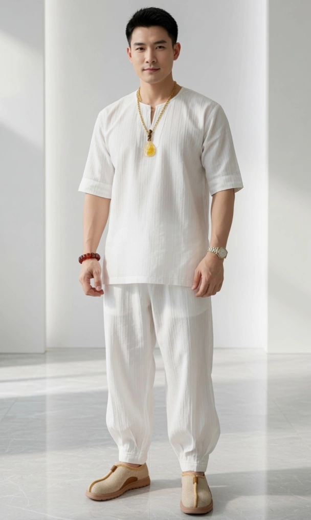 Phap-phuc-nam-2026 1 - Đồ Lam Đi Chùa Giá Sỉ Man standing in a white traditional outfit with a gold pendant necklace, wearing a watch and a red bracelet, indoors.