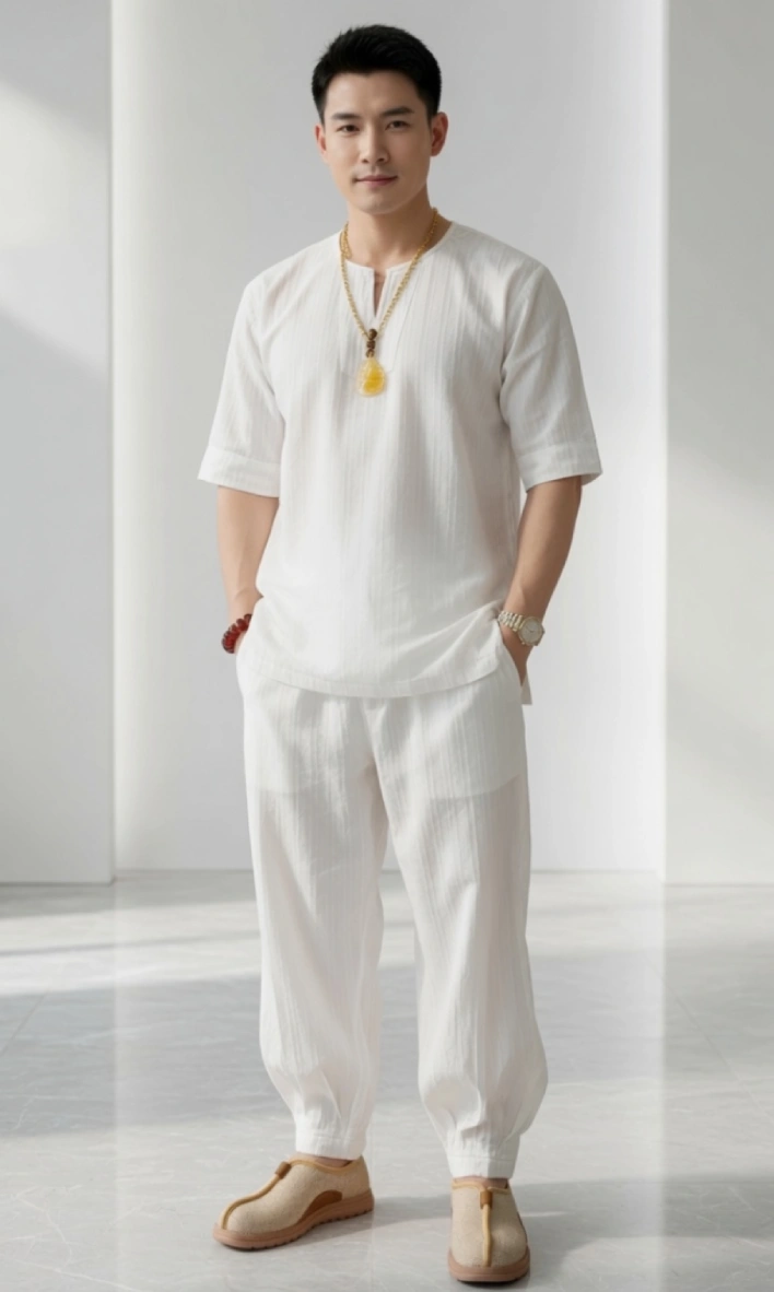Phap-phuc-nam-2026 - Đồ Lam Đi Chùa Giá Sỉ Man in an all-white outfit (short-sleeve shirt and loose pants) standing with hands in pockets, wearing a gold necklace and bracelet.